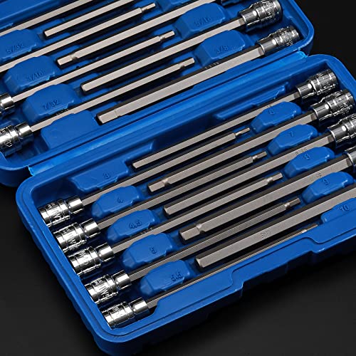 Mayouko 3/8" Drive Extra Long Allen Hex Bit Socket Set, S2&CR-V, Metreic&SAE, 18 Pieces, 1/8" - 3/8", 3-10 mm - style: Hex(SAE&Metric)
