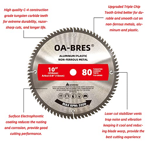 10 Inch 80T Aluminum Non-Ferrous Metal Saw Blade with 5/8-Inch Arbor, Upgrade TCG Grind - size: 10 Inch 80T