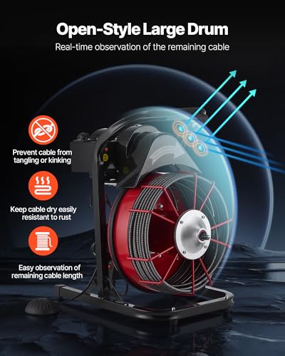 VEVOR 50FT x 1/2 Inch Drain Cleaning Machine, 250W Electric Drain Auger, Portable Sewer Snake Auger Cleaner with Cutters & Air-Activated Foot Switch for 1" to 4" Pipes, Black, Red - style: 50 FT x 1/2''
