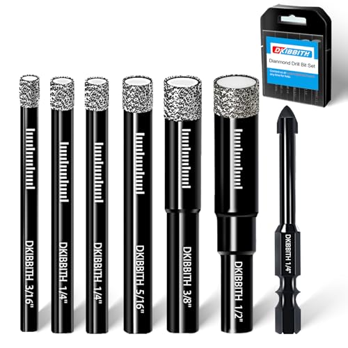 DKIBBITH 7 Pack Dry Diamond Drill Bits & Tile Drill Bits Set for Ceramic, Porcelain, Marble, Granite, Stone, Glass - Round Shank 3/16", 1/4"(x2), 5/16", 3/8", 1/2"+1 Pack Drill Bit 1/4" - size: 7 Pcs Diamond Drill Bit