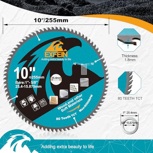 10 Inch Miter/Table Saw Blades 3pcs, 80 Teeth ATB TCT Fine Finish Wood Cutting Circular Saw Blade with 1 Inch Arbor - size: 255mm 80T