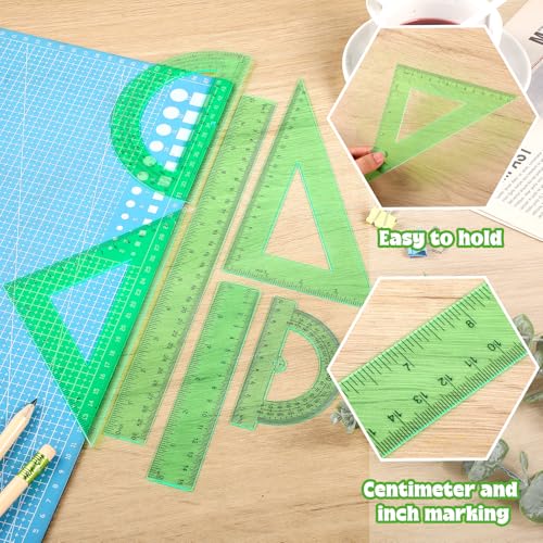 Tenare 6 Pcs Math Geometry Ruler Straight Protractor Triangle, Green - color: Green