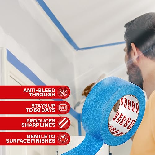 XFasten Blue Painter's Tape, 2 Inch x 60 Yards (12-Pack) Blue Painters Masking Tape Bulk - Sharp Edge Line Technology, Produces Sharp Lines | Residue-Free and Artisan Grade Wall Trim Tape - size: 2 Inches x 60 Yards (12-Pack)