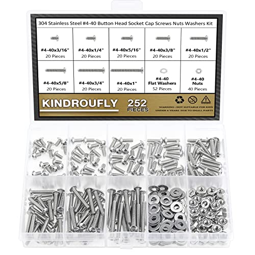 252 Pieces #4-40 x 3/16", 1/4", 5/16", 3/8", 1/2", 5/8", 3/4", 1", Button Head Socket Cap Screws Nuts Washers Assortment Kit, 304 Stainless Steel, Fully Machine Thread - size: #4-40, style: Button Head