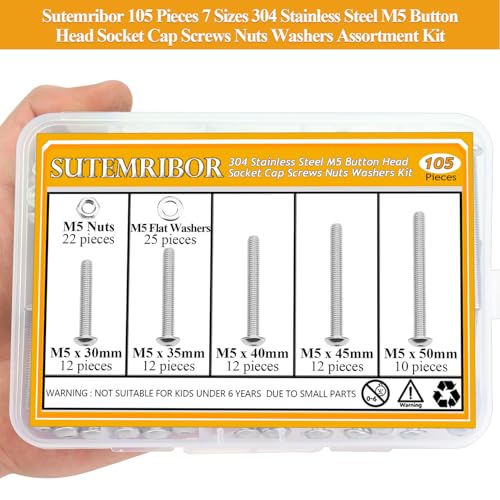 105 Pieces M5 x 30/35/40/45/50mm Button Head Socket Cap Screws Nuts Washers Set Silver, Sutemribor M5 Long Screws, M5 Stainless Screws Nuts Washers Assortment Kit, 304 Stainless Steel, Fully Threaded - size: M5 Long Screws Kit, style: Button Head