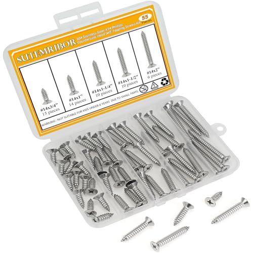 55 Pieces #14 x 3/4" 1" 1-1/4" 1-1/2" 2" Wood Screws Set, Phillips Countersunk Head #14 Self-Tapping Screws Assortment Kit, 304 Stainless Steel - size: #14, style: Phillips Countersunk Head