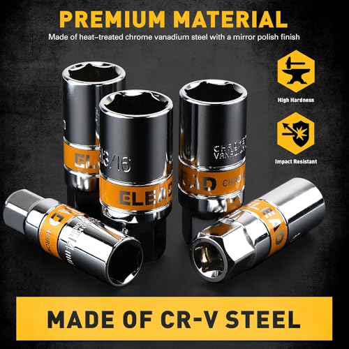 ELEAD 6-Piece 3/8" Drive Spark Plug Socket Set with Spark Plug Gapper, SAE & Metric, 5/8", 3/4", 13/16", 14mm, 18mm, CR-V Sockets with Rubber Holding Rings - size: 6-Piece Spark Plug Socket Set