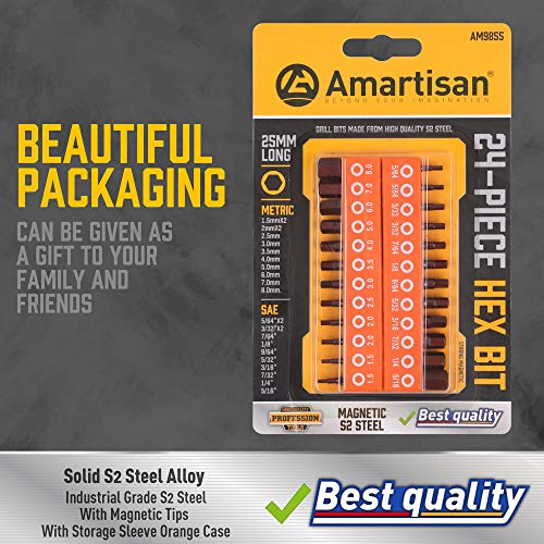 Amartisan 20-Piece Hex Head Allen Wrench Drill Bit Set, Metric and SAE S2 Steel Hex Bits Set, Magnetic Tips, 2.3" Long With Storage box. (24-Piece Hex Head Allen（25mm）) - style: 24-Piece Hex Head Allen（25mm）