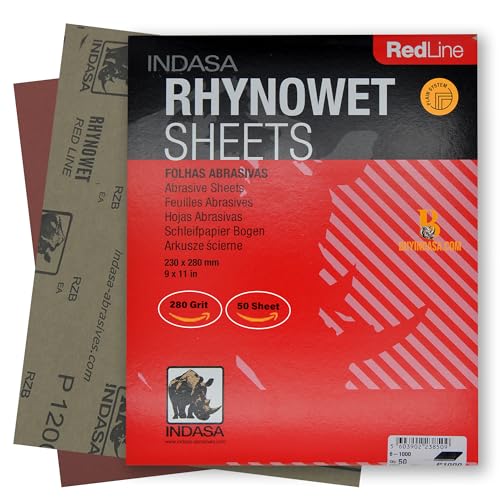 Indasa 50 PCS Redline Full Sheets 9"x11" Wet & Dry Sanding Sheets Series 6 – Rhynowet – 280-Grit – Waterproof Latex Backing - size: 280-Grit 9"x11"
