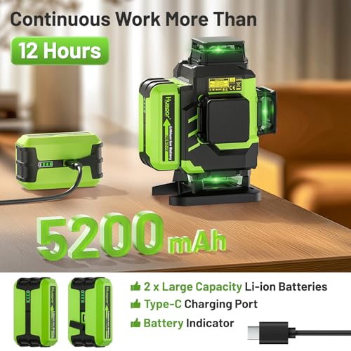 Huepar Laser Level 360 Self Leveling, Rechargeable Green Laser 4x360° Cross Line Lazer Leveler 4D Level Laser Tool for Construction with Two Li-ion Batteries, Magnetic Bracket &Hard Carry Case -LS04CG