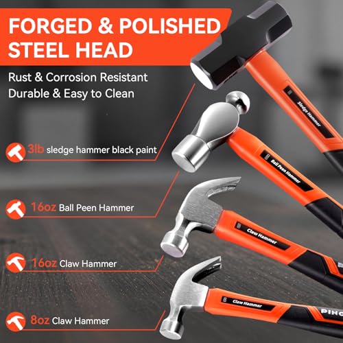 PINOZE 6-Piece Hammer Mallet Set with Fiberglass Handle Forge Steel Head, 16oz Ball Pein Hammers | 32oz Rubber Mallet | 3lb Sledge | 16oz & 8oz Claw Hammer | 22oz Double-Faced Mallet