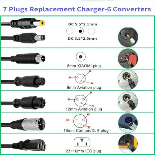54.6V 3A Charger(7 Plugs) Universal for 13S 48V Li-ion Battery，Fast and Safe Battery Charger 3Prong GX16/DC 5.5x2.5mm/XLR/IEC/RCA Connector Power Supply Adapter