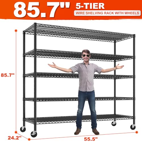 REIBII 85.7"H 5-Tier Garage Shelving with Wheels&Feet, Adjustable, 2998 lbs - size: 5-Tier,55.5" W X 85.7" H X 24.2" D
