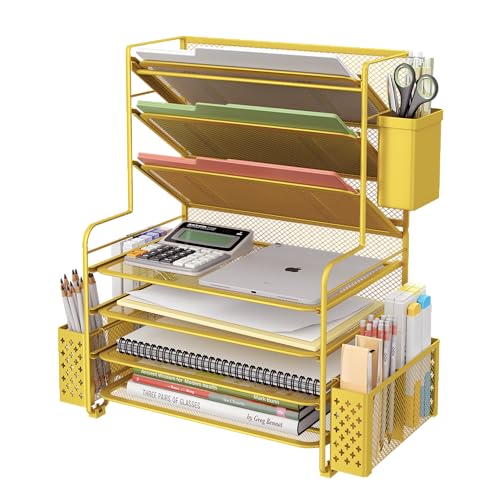 Simple Trending 7 Tier Desk File Organizer, Letter Tray Paper Organizer with Pen Holder and Metal Hanging Basket, Gold - color: Pen Holder Gold
