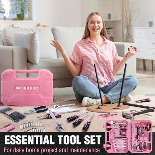 WORKPRO 284PCS Pink Tool Set, Portable Home Basic Tool Kit Box for Women