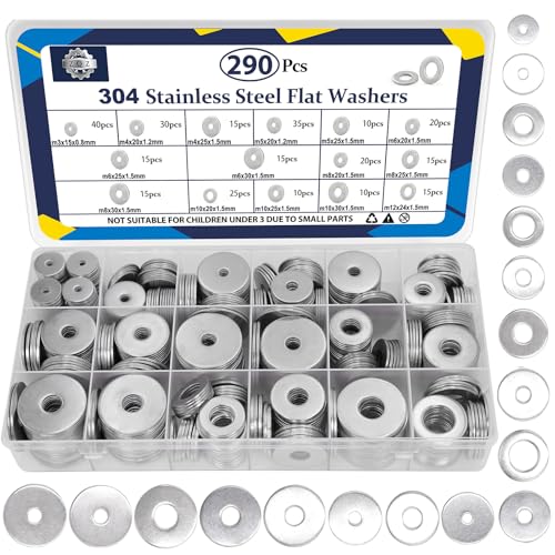 ZQZ 290Pcs Stainless Steel Flat Washers Assortment Kit;Fender Washer M3-M12 - size: 15 Sizes 290 Pieces
