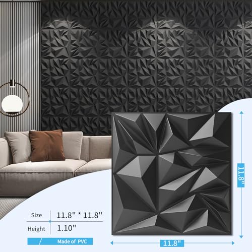 Art3d 50-Pack Modern Diamond Textured 3D Wall Panels, 12 x 12 in, Black - color: Black, size: 12x12 Inch 50 pcs