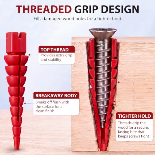 Bokon 45Pcs Stripped Screw Hole Repair Kit, #2-#16 Red Wood Screw Anchors - color: Red