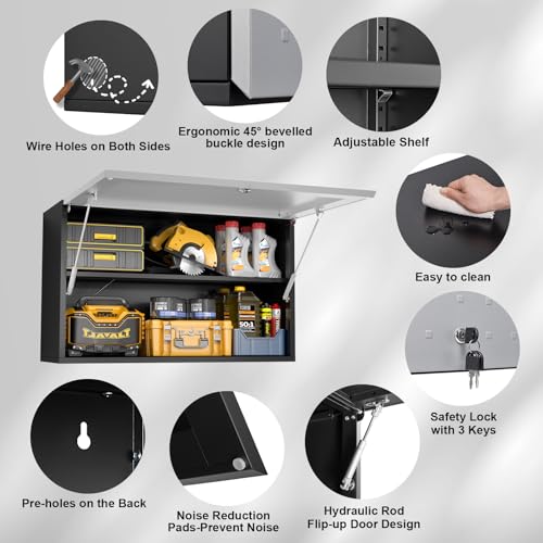 Garage Wall Cabinet, Metal Tool Cabinet with Lock&Adjustable Shelf - color: Black-silver
