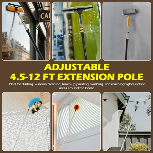 4.5–12 FT Telescoping Extension Pole, Lightweight Aluminum Extendable Pole for Painting, Dusting, Window Cleaning, Sturdy Paint Roller Pole with Foam Grip (Yellow) - size: 12 FT Yellow