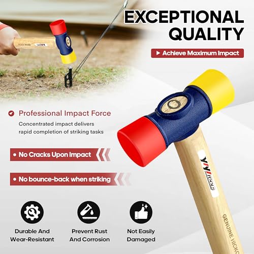 YIYITOOLS 12oz Double Faced Hammer, Double-Sided PU Mallet, High Carbon Steel Head, Hard Hickory Wood Handle, Flooring Installation,Rubber Mallet for Camping Woodworking,Tile Laying,Furniture Assembly
