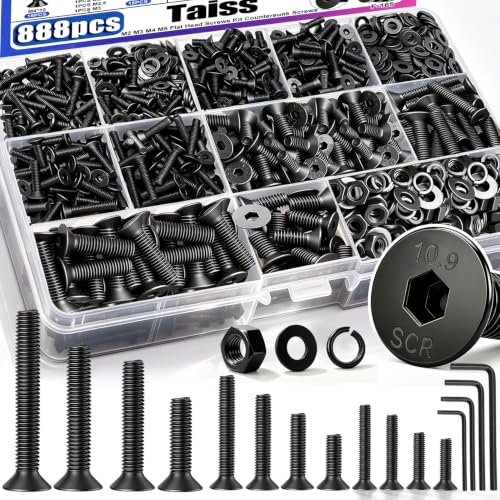 Taiss 888PCS M2 M3 M4 M5 Screw Kit,Flat Head Metric Bolts Assortment,10.9 Grade Alloy Steel,Countersunk Machine Screws,Black Nuts and Bolts for 3D Printer,Mechanical Hardware,with Hex Wrenches - size: 888PCS M2 M3 M4 M5