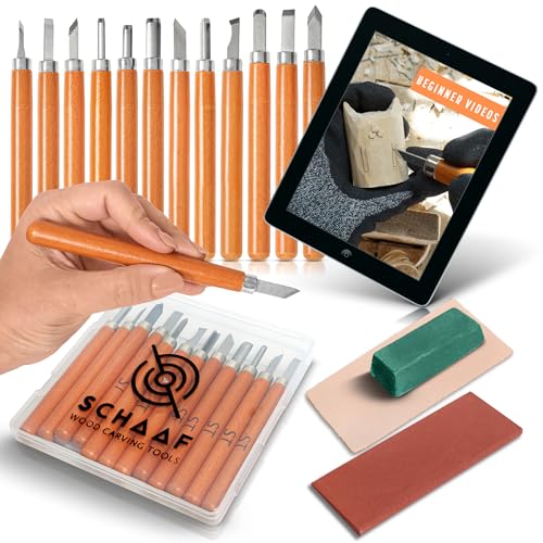 Schaaf Tools Wood Carving Kit, 12-pc mini chisel set, large handles