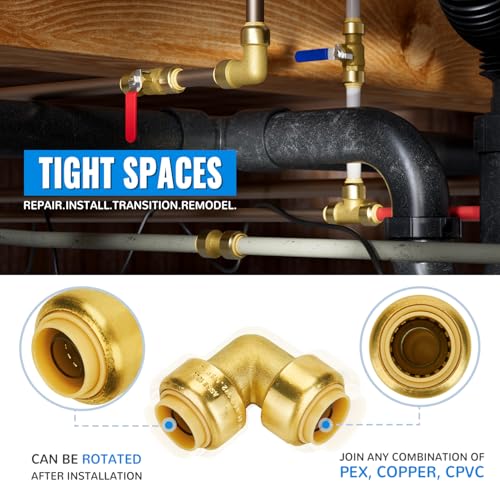 SUNGATOR 1/2 Inch 90 Degree Elbow, Push to Connect Pipe Fittings, 2-Pack - color: Brass Elbow, 2 Pack, size: 1/2 Inch