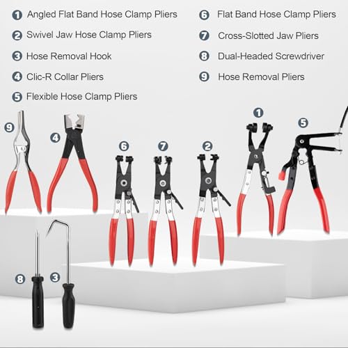 9PCS Hose Clamp Pliers, Long Reach Hose Clamp Tool Remover for Water Hose and Automotive Coolant Radiator Heater with Flexible Wire Long Reach Hose Clamp and Flat Band Pliers