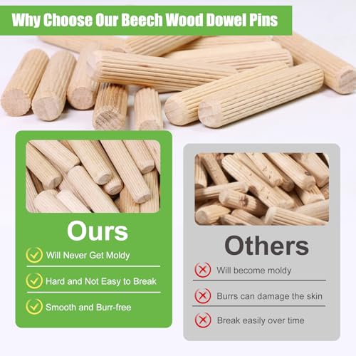 3/8" x 2" Wooden Dowel Pins, FoDau770 Fluted Wood Dowel Rods, Natural Beech Wood Dowel Pegs for Crafts, Woodworking, DIY Furniture - 200 Pieces - size: 3/8" x 2"