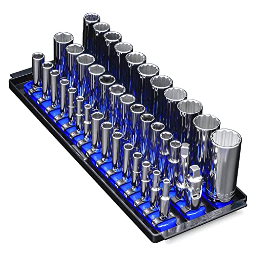 Ernst Manufacturing 8491 Socket Boss Multi-Drive Socket Organizer Tray with 13” Socket Rails, Blue – Drive Socket Storage Tray for Automotive Service Technician’s Toolbox - Made in USA - color: Blue, style: 13-Inch