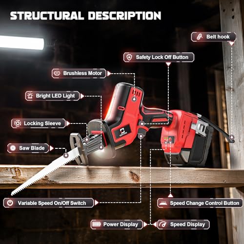 Cerycose Cordless Brushless Reciprocating Saw, Compatible with Milwaukee 18V Batteries, Tool-Free Blade Change, Includes 4 Saw Blades for Wood, Metal & PVC Cutting (Tool Only) - style: One-handed for milwaukee battery