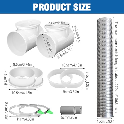 4 Inch Silver Dryer Vent Hose for Tight Space Includes 2 90-degree Dryer Vent Elbow and 1 Dryer Vents Duct, Flexible Dryer Hose Vent Kit-Space Saving, Indoor Dryers Vents Connector, Easy installation