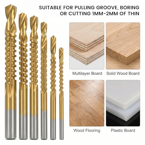 JJUNW 6 Pack Titanium Coated HSS Twist Drill Bits, 3-8mm Serrated Side Cutting Drill Bit, Hex Shank Serrated Cutting Drill Bits, Woodworking Tools for Wood Metal Plastic Hole
