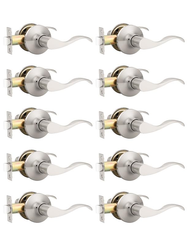 Mengico 10 Pack Satin Nickel Modern Interior Passage Door Knobs, Keyless Door Handle for Hallway & Closet, Wave Style Non-Locking Door Lever Reversible for Left & Right Handed - size: Passage Function - Keyless