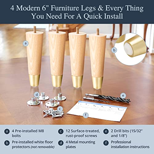 Airy Abode Premium Ash Wood Furniture Legs with Gold Caps (Full Install Kit) - Pick Your Size and Color - color: Ash / Gold, size: 6 Inches