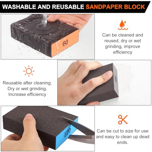 Romeda 8-Pack Sanding Sponge, Four Grits Per Pack 60/80/120/220, Washable and Reusable Handmade Sandpaper Block, Drywall Sandpaper Blocks for Wooden Drywall Sheetrock and Metal Glazing - color: 60/80/120/220 Grits, size: 8-Pack