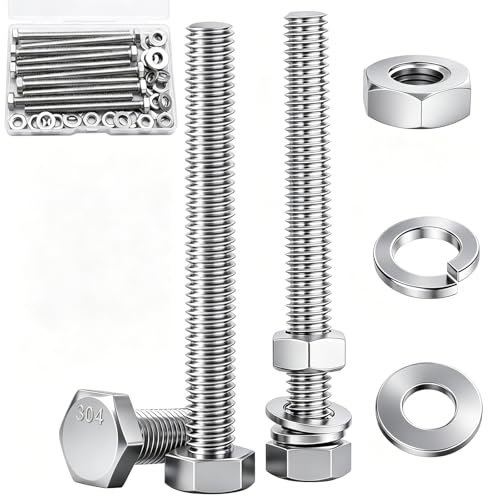 10 Sets1/4-20 × 3" Stainless Steel Hex Head Screws Bolts, Nuts, Flat & Lock Washers,18-8(304) Full Thread - color: Silver, size: 1/4-20×3"(10 Sets)