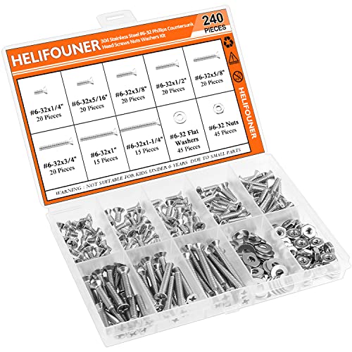 HELIFOUNER 240 Pieces #6-32 Phillips Countersunk Head Machine Screws Nuts Washers Assortment Kit, Coarse Thread, Fully Machine Threaded, 304 Stainless Steel - size: #6-32