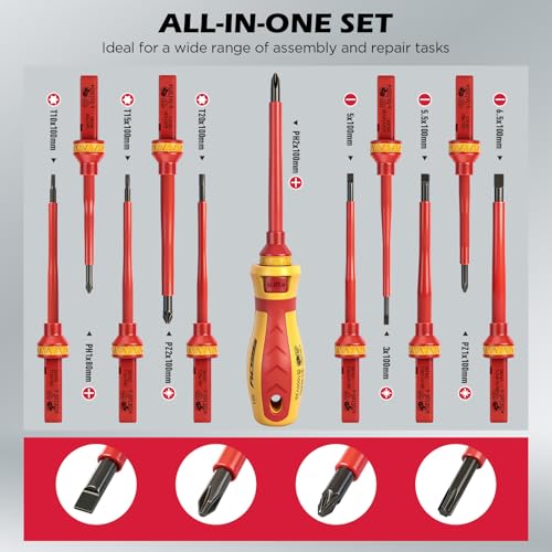 1000V Insulated Electrician Screwdriver Set - 13-Piece Professional Electrical Screwdriver Set Insulation Handle CRV Steel Magnetic Phillips Slotted Pozi Torx Tips VDE & GS Certified - color: 13 Pcs Vde Interchangeable Pro