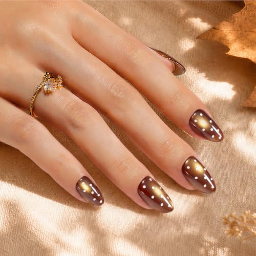 Beetles Brown Cat Eye Press On Nails Short Almond, 32PCS, Polka Dot Design - color: 2A - Maple Taffy - S