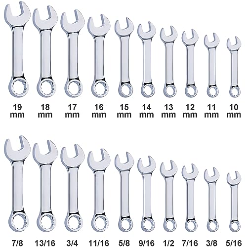 20-Piece Metric and SAE Premium Stubby Combination Wrench Set with Storage Rack | Metric 10mm to 19mm, SAE 5/16” to 7/8”, No Skipped Size | Cr-V Steel, Mirror Chrome Finish, Short Length and Slim Body - size: Metric and SAE Set