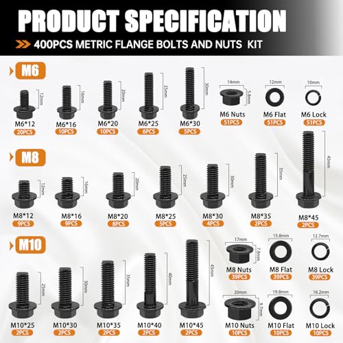 mankk 400PCS Metric Flange Bolts Nuts Washers Auto Fasteners - color: Black-400PCS M6 M8 M10