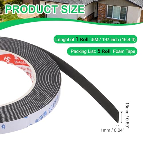 PATIKIL 5Roll Sponge Rubber Foam Tape, 5/8" W x 1/32" t x 16.4ft l Self-Adhesive Foam Insulation Tape Weather Stripping for Window Door Soundproofing Weatherstrip AC Seal Strip, Black - size: 5/8" x 1/32" x 16.4ft