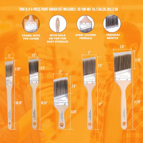 Vermeer Angled Paint Brushes, 1-2.5 Inch Paint Brush Set for Trim, 5 Pc