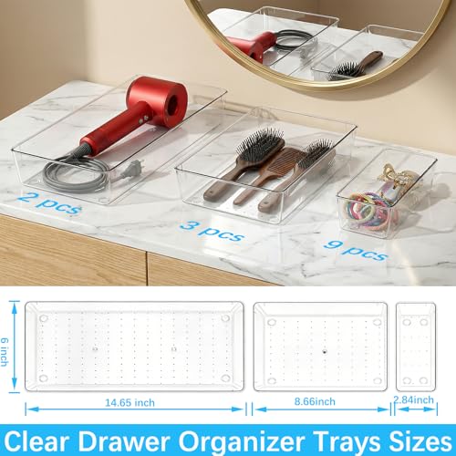 Manalete 14 Pcs Plastic Drawer Organizer with 2 pcs 15"x6" Vanity Organizer - size: 2 Pack 15×6", 3 Pack 9×6", 9 Pack 3×6"