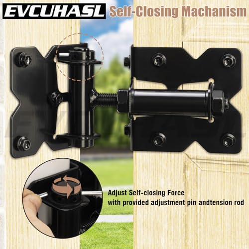 Self Closing Gate Hinges Heavy Duty for Vinyl/Wooden Fence Gates, 90 Degree Adjustable Gate Door Hinges Hardware Kit with Swing Adjuster Tool and Self-Tapping Screws, 2 Pack, Non-Weld Black Finish