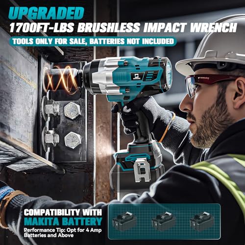 Cordless Impact Wrench 1/2 inch Compatible with Makita Battery: 1700FT-LBS High Torque Impact Wrench Heavy Duty Tool - Brushless Electric Impact Gun Includes LED Work Light - Bare Tool Only - size: 1/2inch, style: Compatible with Makita