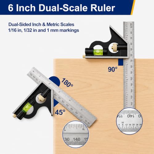 Combination Square 6 Inch, Adjustable Combo Square with Bubble Level - size: 6-Inch