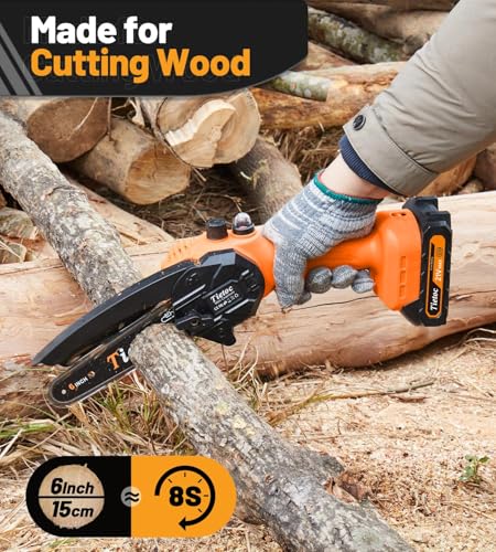 Tietoc Mini Chainsaw 6 Inch Cordless, Portable Electric Chain Saw Small Handheld Battery Powered Super Saws - color: Orange - 2 Batteries